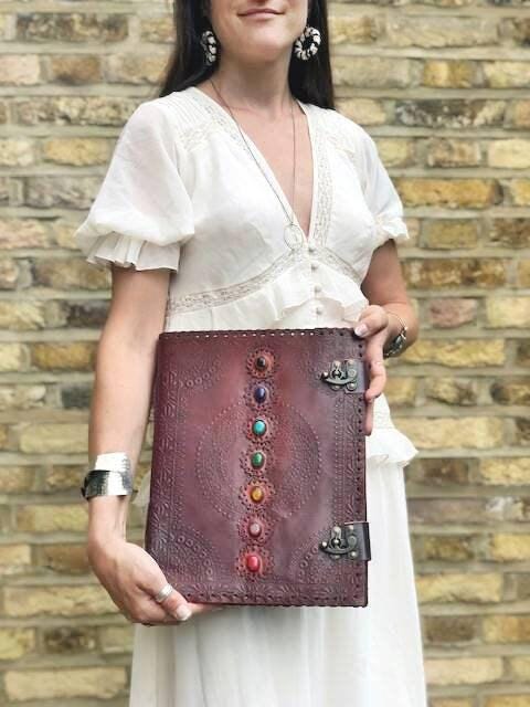 Large Leather Journal: 7 Chakra Stones, Handmade Embossed Notebook
