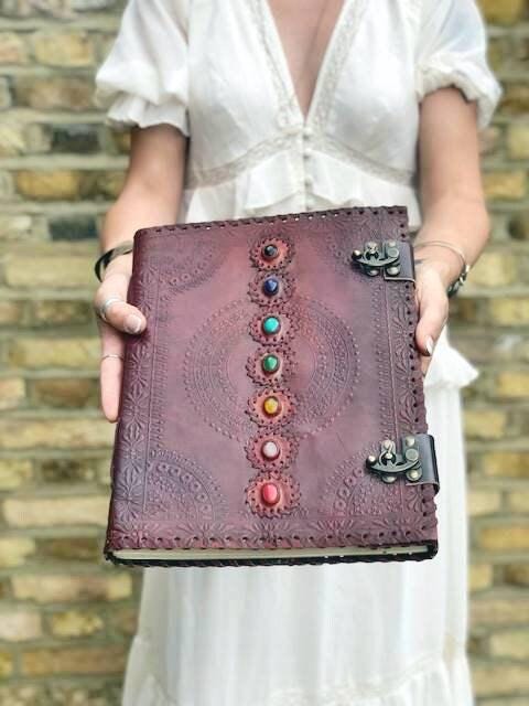 Large Leather Journal: 7 Chakra Stones, Handmade Embossed Notebook