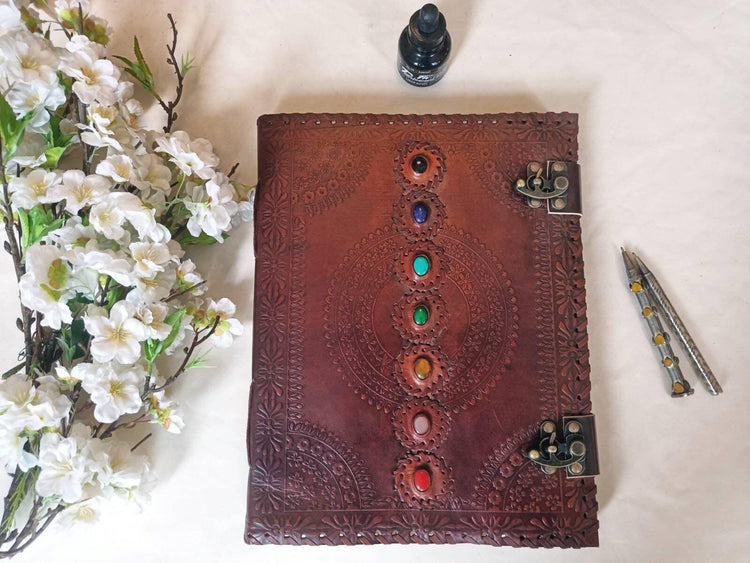 Large Leather Journal: 7 Chakra Stones, Handmade Embossed Notebook