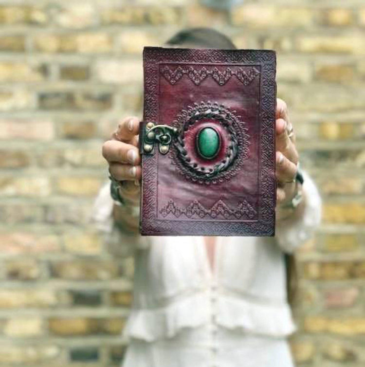 Tooled Leather Journal with Turquoise Stone: Boho Travel Diary