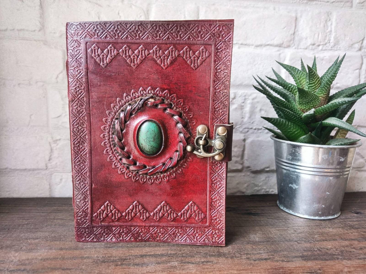 Tooled Leather Journal with Turquoise Stone: Boho Travel Diary