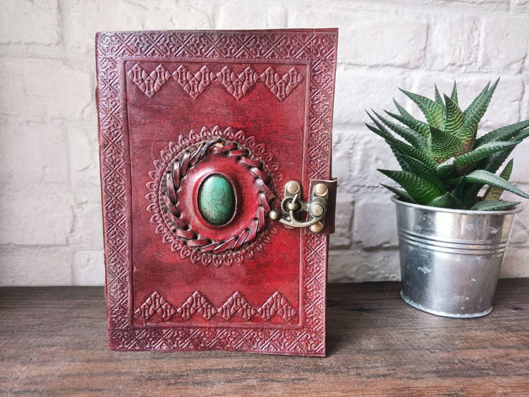 Tooled Leather Journal with Turquoise Stone: Boho Travel Diary