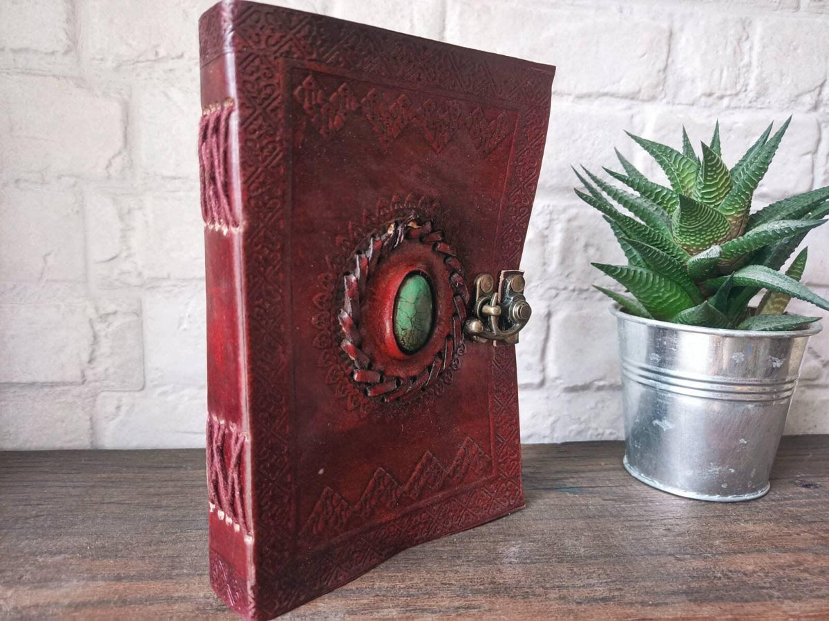 Tooled Leather Journal with Turquoise Stone: Boho Travel Diary