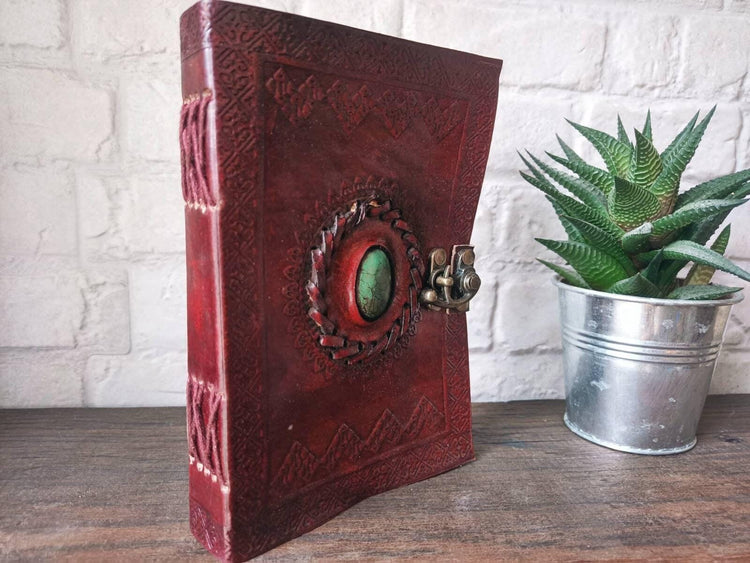 Tooled Leather Journal with Turquoise Stone: Boho Travel Diary