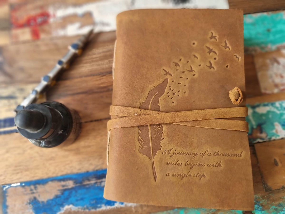 Embossed Leather Travel Journal: Feather Bird Design, Handmade Diary