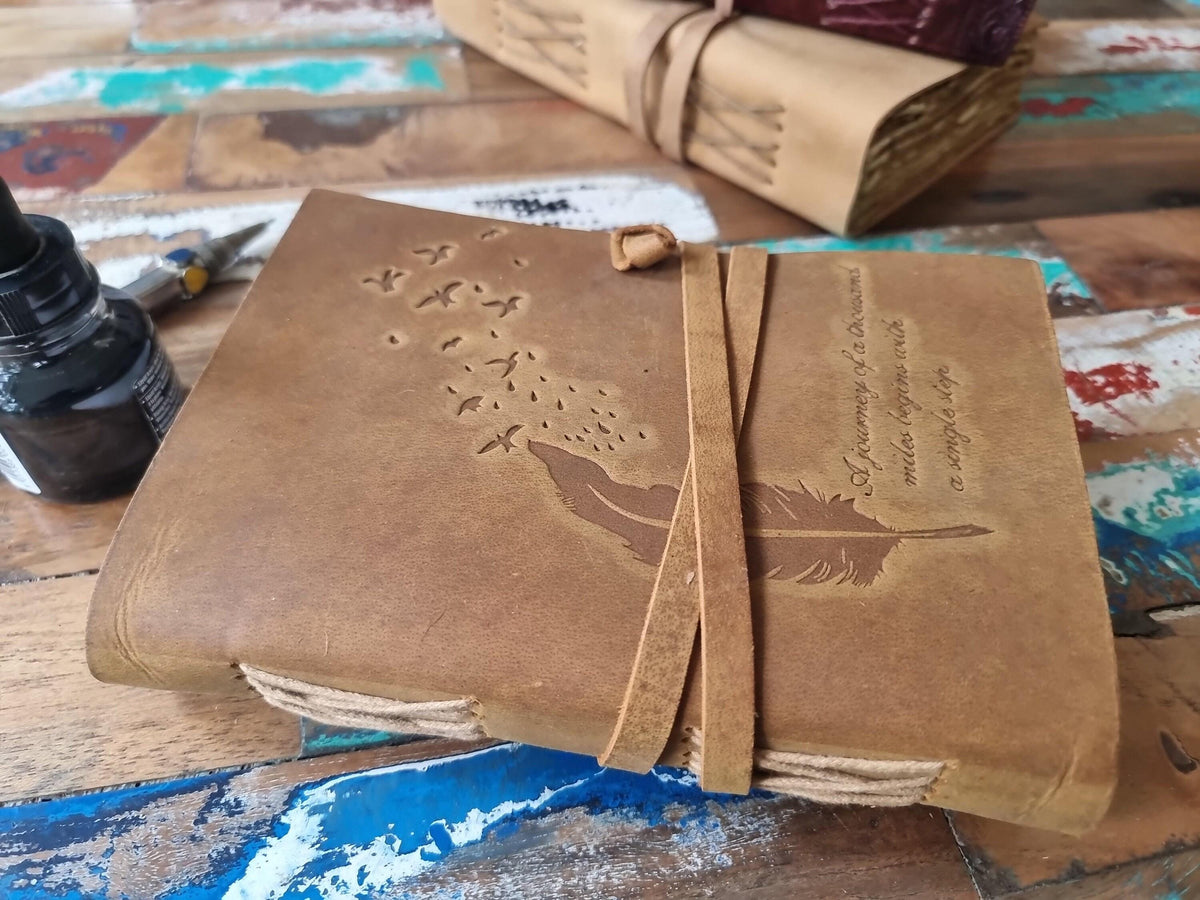 Embossed Leather Travel Journal: Feather Bird Design, Handmade Diary