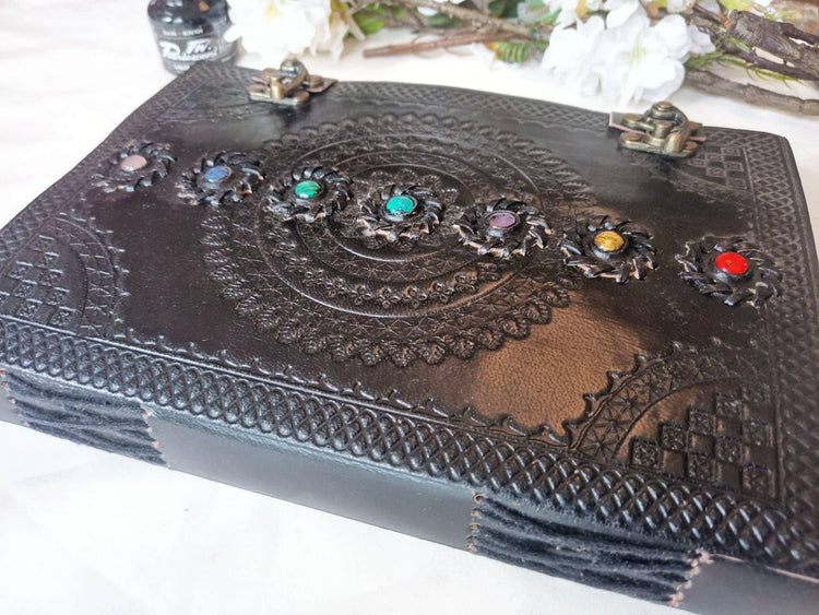 Chakra Stone Leather Journal: Handmade Buffalo Leather Diary, Spell Book