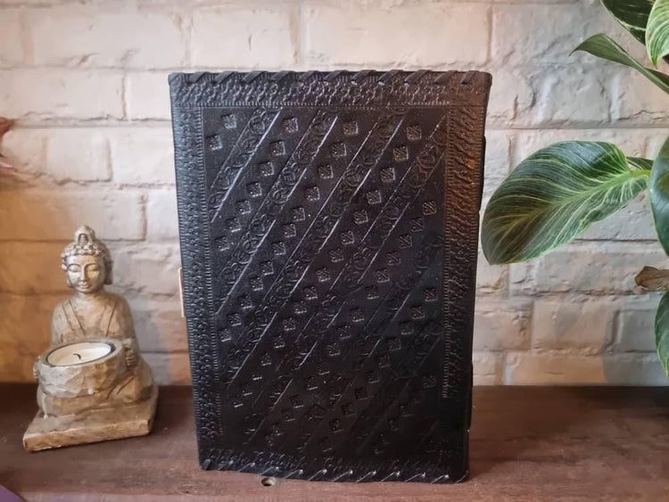 Black Leather Journal with Turquoise or Quartz Stone, Large Tooled Leather Diary, Boho Buckle Notebook for Writers