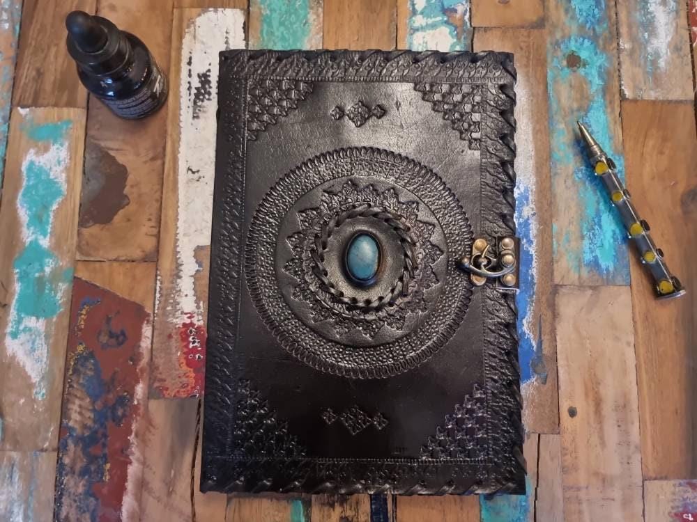 Black Leather Journal with Turquoise or Quartz Stone, Large Tooled Leather Diary, Boho Buckle Notebook for Writers