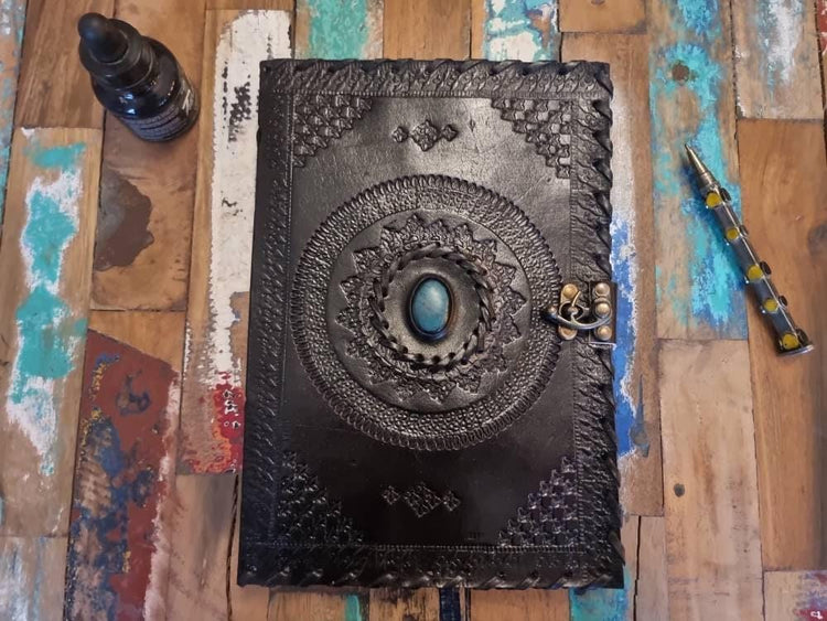 Black Leather Journal with Turquoise or Quartz Stone, Large Tooled Leather Diary, Boho Buckle Notebook for Writers