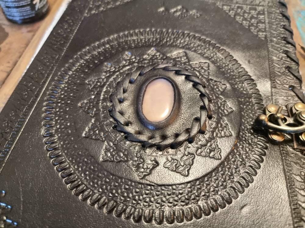 Tooled leather notebook with turquoise stone - handcrafted journal for women