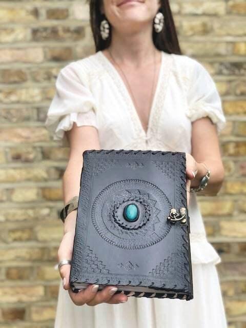 Tooled leather notebook with turquoise stone - handcrafted journal for women