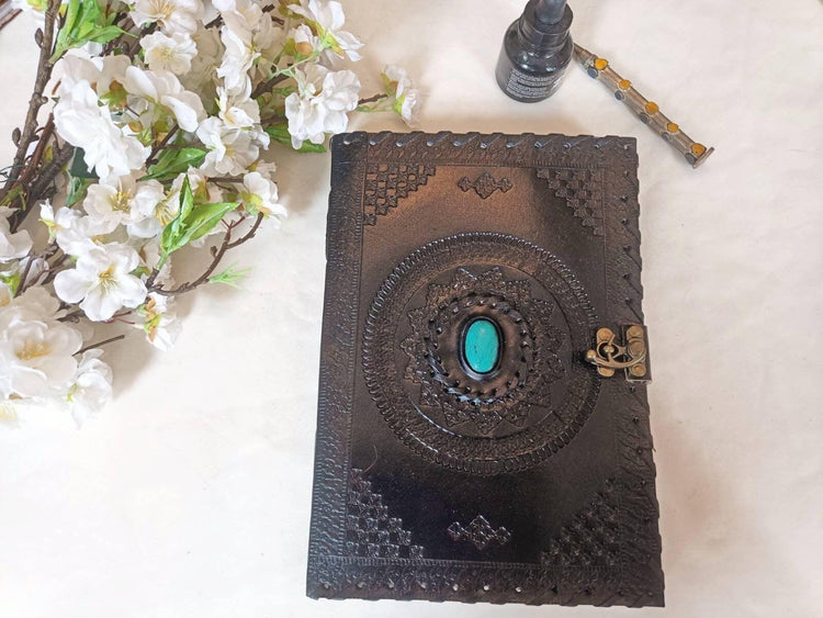 Black Leather Journal with Turquoise Stone, Handmade Boho Diary, Lockable Leather Sketchbook, Vintage Spell Book