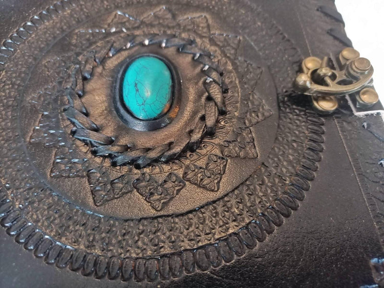 Black Leather Journal with Turquoise Stone, Handmade Boho Diary, Lockable Leather Sketchbook, Vintage Spell Book