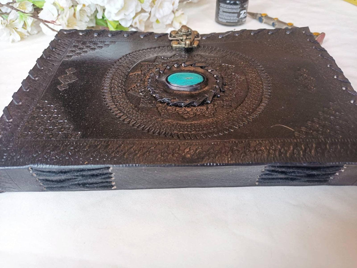 Black Leather Journal with Turquoise Stone, Handmade Boho Diary, Lockable Leather Sketchbook, Vintage Spell Book