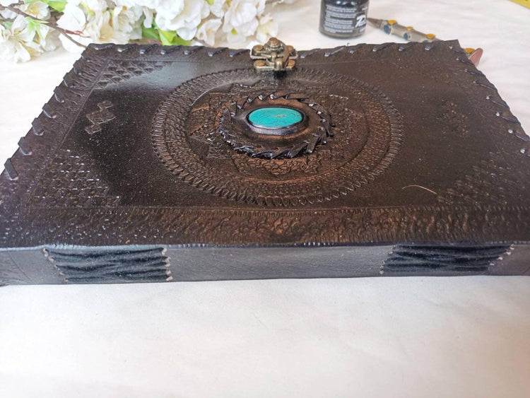 Black Leather Journal with Turquoise Stone, Handmade Boho Diary, Lockable Leather Sketchbook, Vintage Spell Book