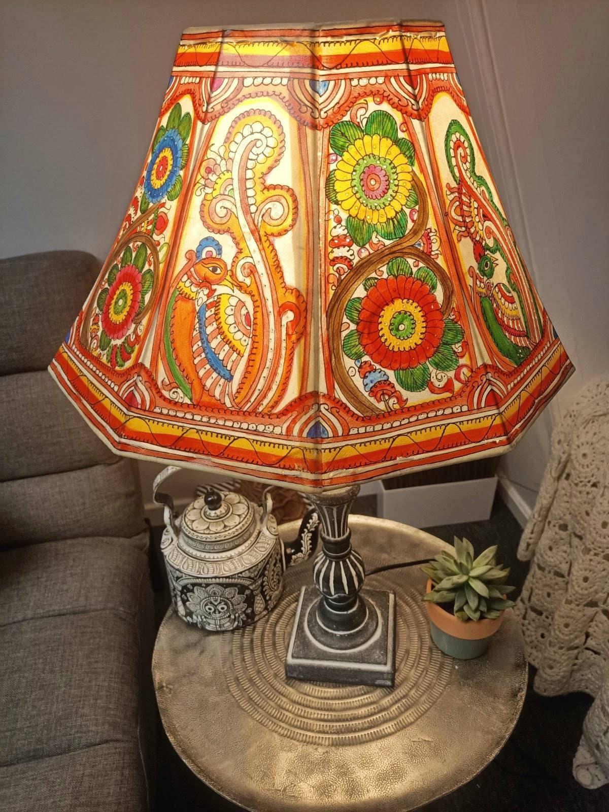ather Lampshade, Hand Painted Flower Lamp Shade, Red Boho Lampshade, Indian Leather Light Shade, Hippie Home Decor, Handmade Lighting