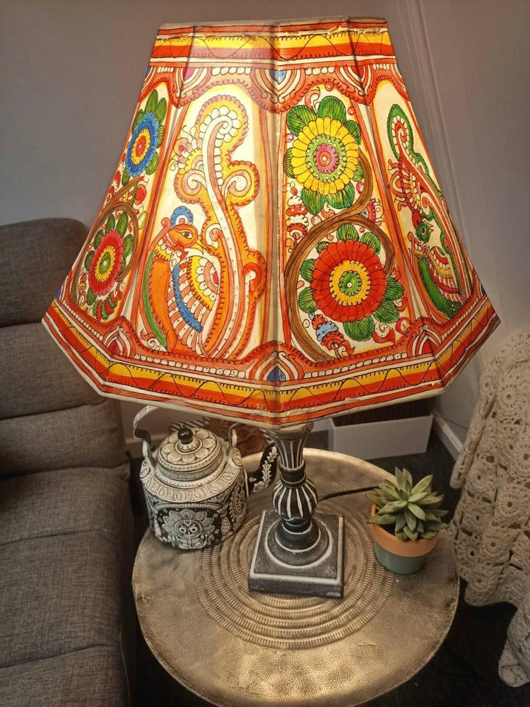 ather Lampshade, Hand Painted Flower Lamp Shade, Red Boho Lampshade, Indian Leather Light Shade, Hippie Home Decor, Handmade Lighting