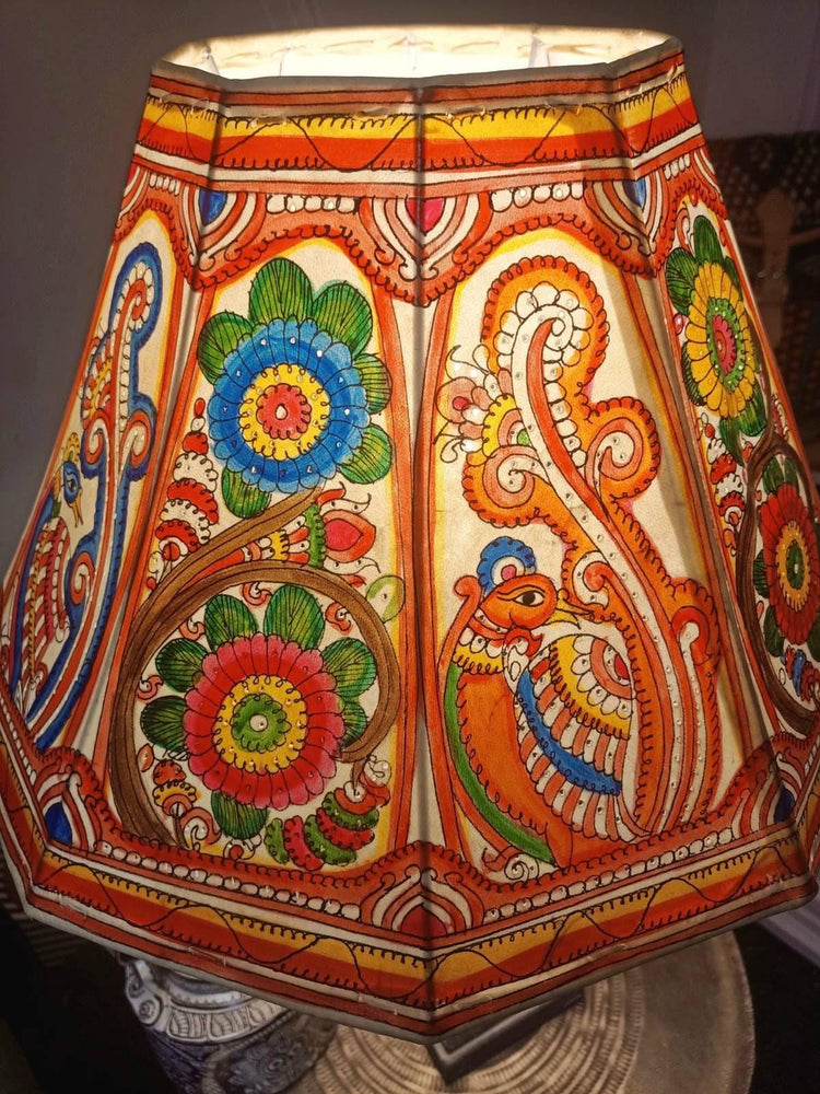 ather Lampshade, Hand Painted Flower Lamp Shade, Red Boho Lampshade, Indian Leather Light Shade, Hippie Home Decor, Handmade Lighting