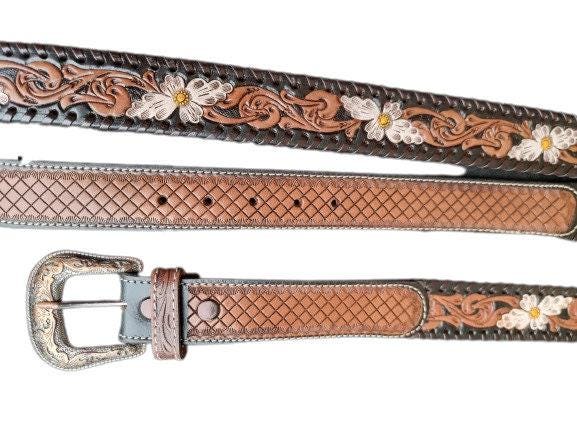 Hand Tooled Leather Western Belt: White Daisy Floral Design