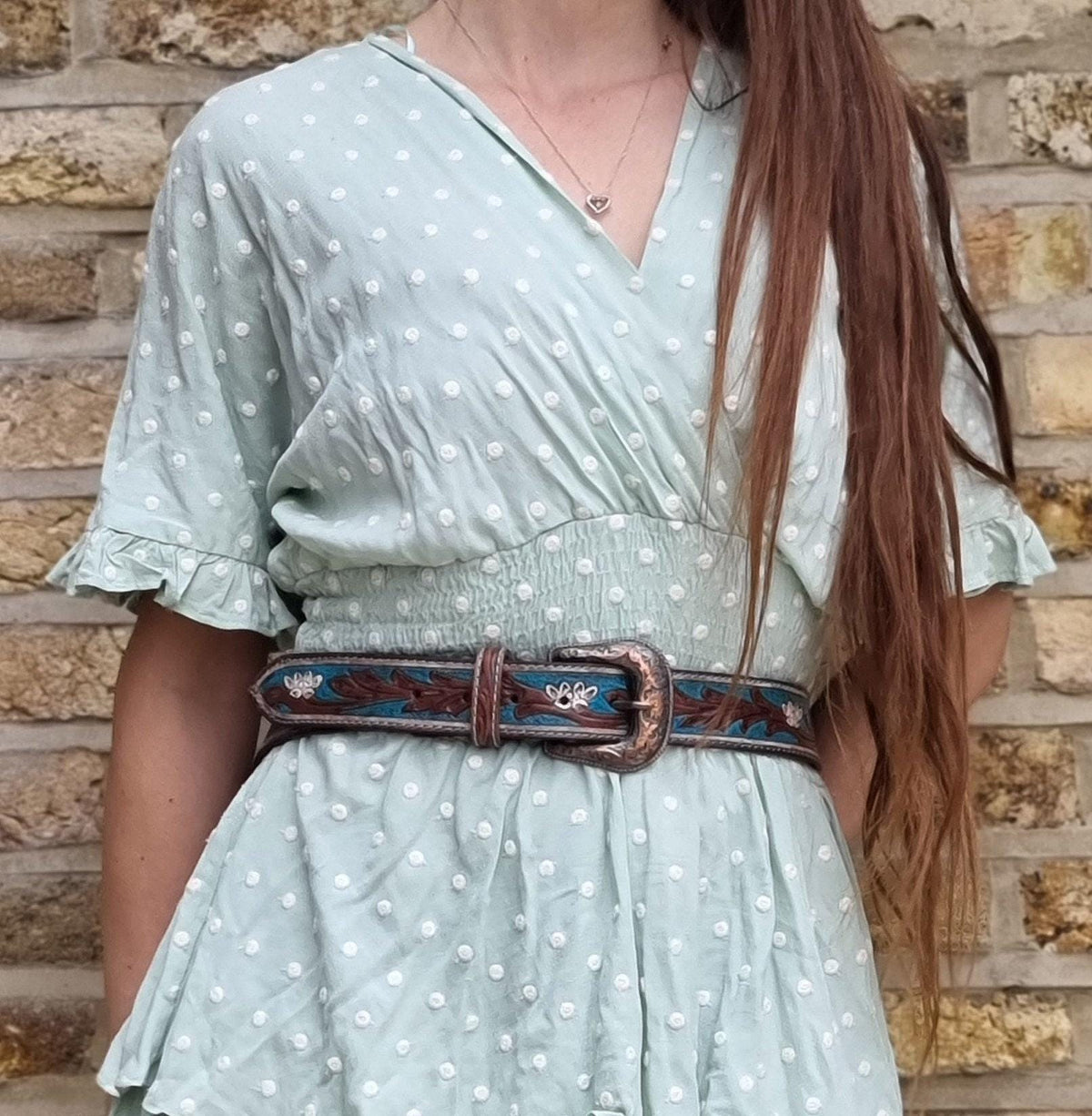 Hand Tooled Leather Western Belt: White Daisy Floral Design