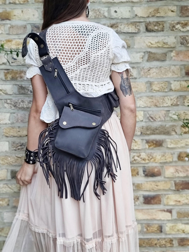 Boho chic women's leather bum bag with fringe tassel - hands-free fashion