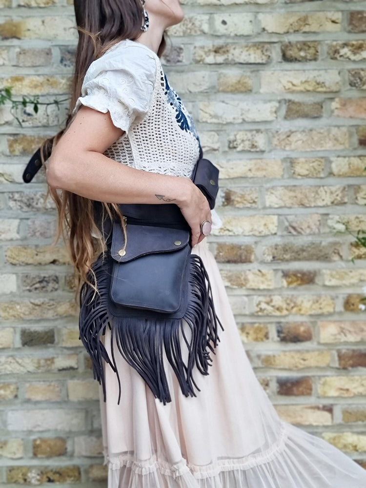 Boho chic women's leather bum bag with fringe tassel - hands-free fashion