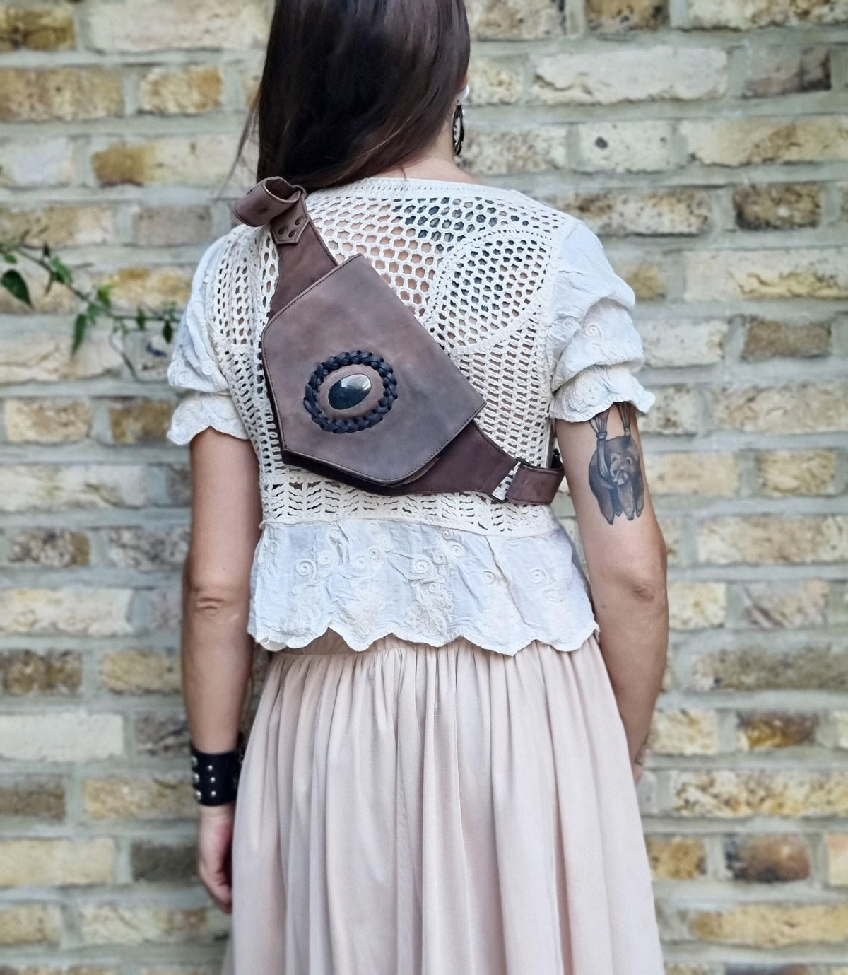 Leather Festival Bum Bag with Rock Crystal, Black Brown Boho Hippie Fanny Pack, Steampunk Utility Belt