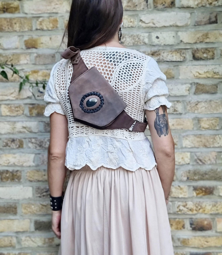 Leather Festival Bum Bag with Rock Crystal, Black Brown Boho Hippie Fanny Pack, Steampunk Utility Belt