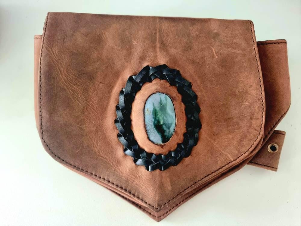 Leather Festival Bum Bag with Rock Crystal, Black Brown Boho Hippie Fanny Pack, Steampunk Utility Belt