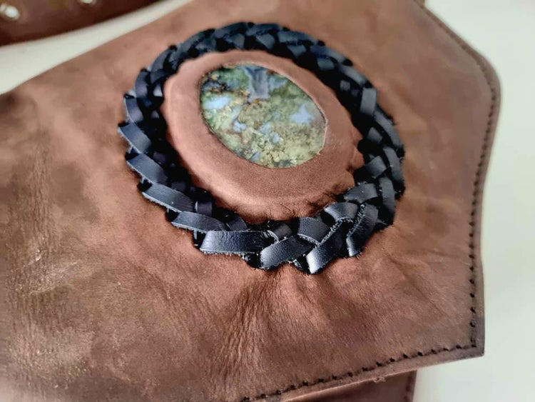Leather Festival Bum Bag with Rock Crystal, Black Brown Boho Hippie Fanny Pack, Steampunk Utility Belt