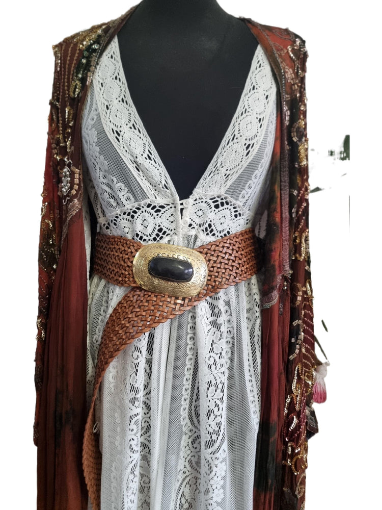 Braided Leather Belt: Wide Boho Waist Belt with Engraved Buckle