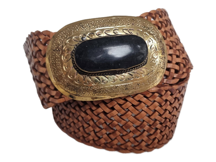 Braided Leather Belt: Wide Boho Waist Belt with Engraved Buckle
