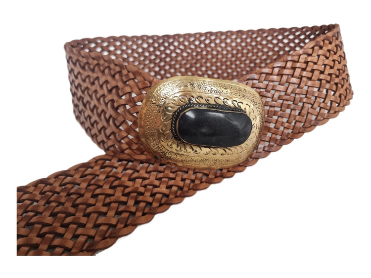 Braided Leather Belt: Wide Boho Waist Belt with Engraved Buckle