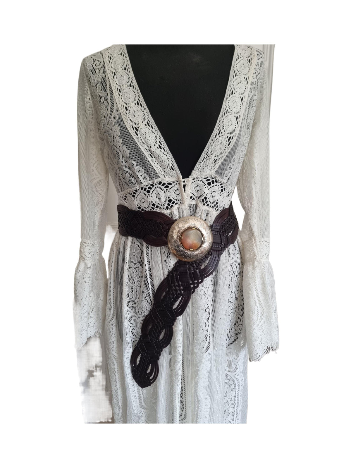 Braided Leather Boho Belt: Engraved Buckle, Animal Horn Stone