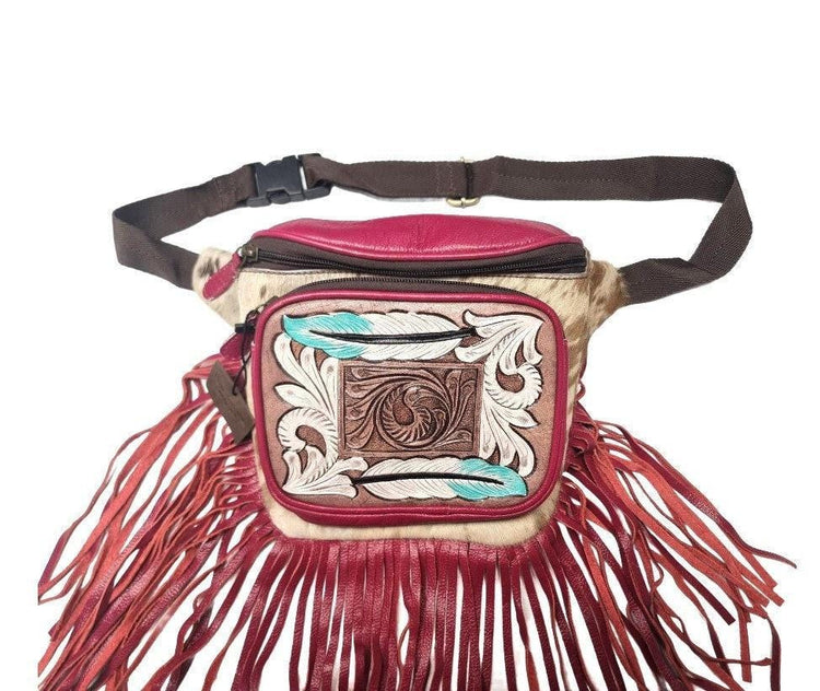 Hand Tooled Pink Leather Fanny Pack: Western Cowhide Fringe Bag