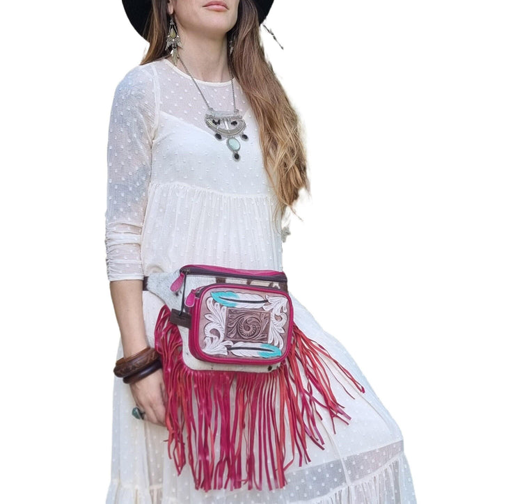 Hand Tooled Pink Leather Fanny Pack: Western Cowhide Fringe Bag