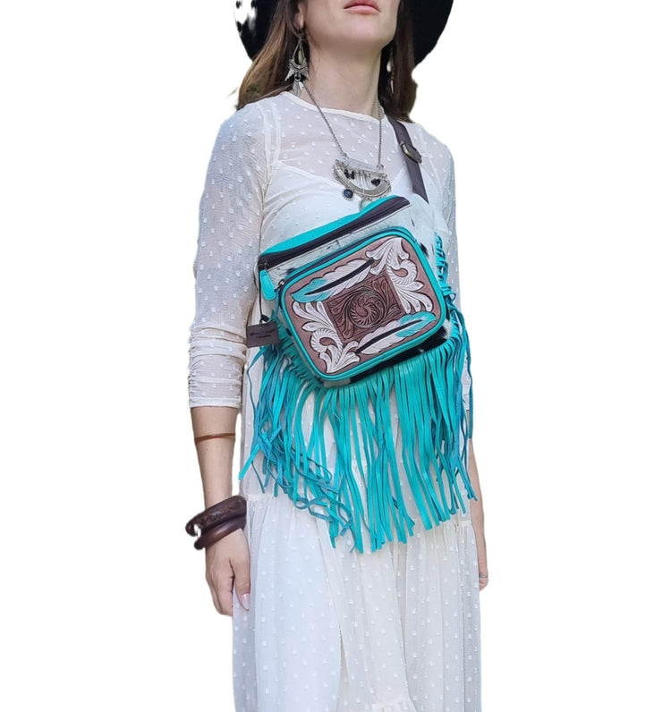 Hand Tooled Pink Leather Fanny Pack: Western Cowhide Fringe Bag
