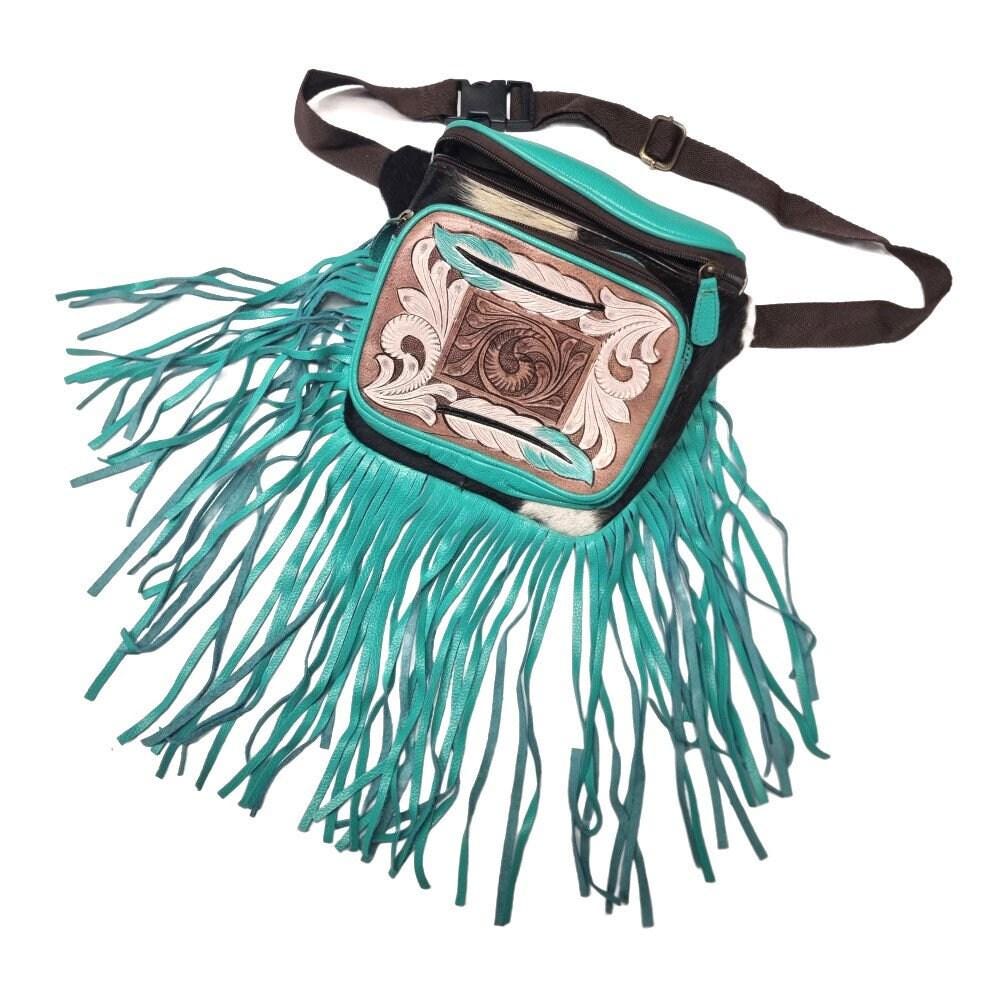 Hand Tooled Pink Leather Fanny Pack: Western Cowhide Fringe Bag