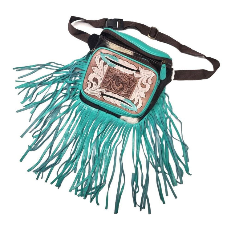 Hand Tooled Pink Leather Fanny Pack: Western Cowhide Fringe Bag