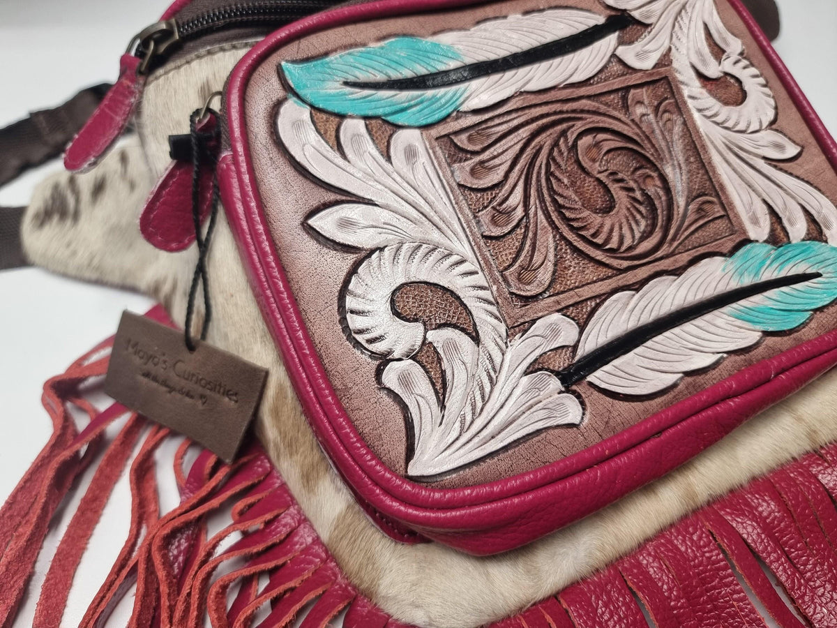 Hand Tooled Pink Leather Fanny Pack: Western Cowhide Fringe Bag