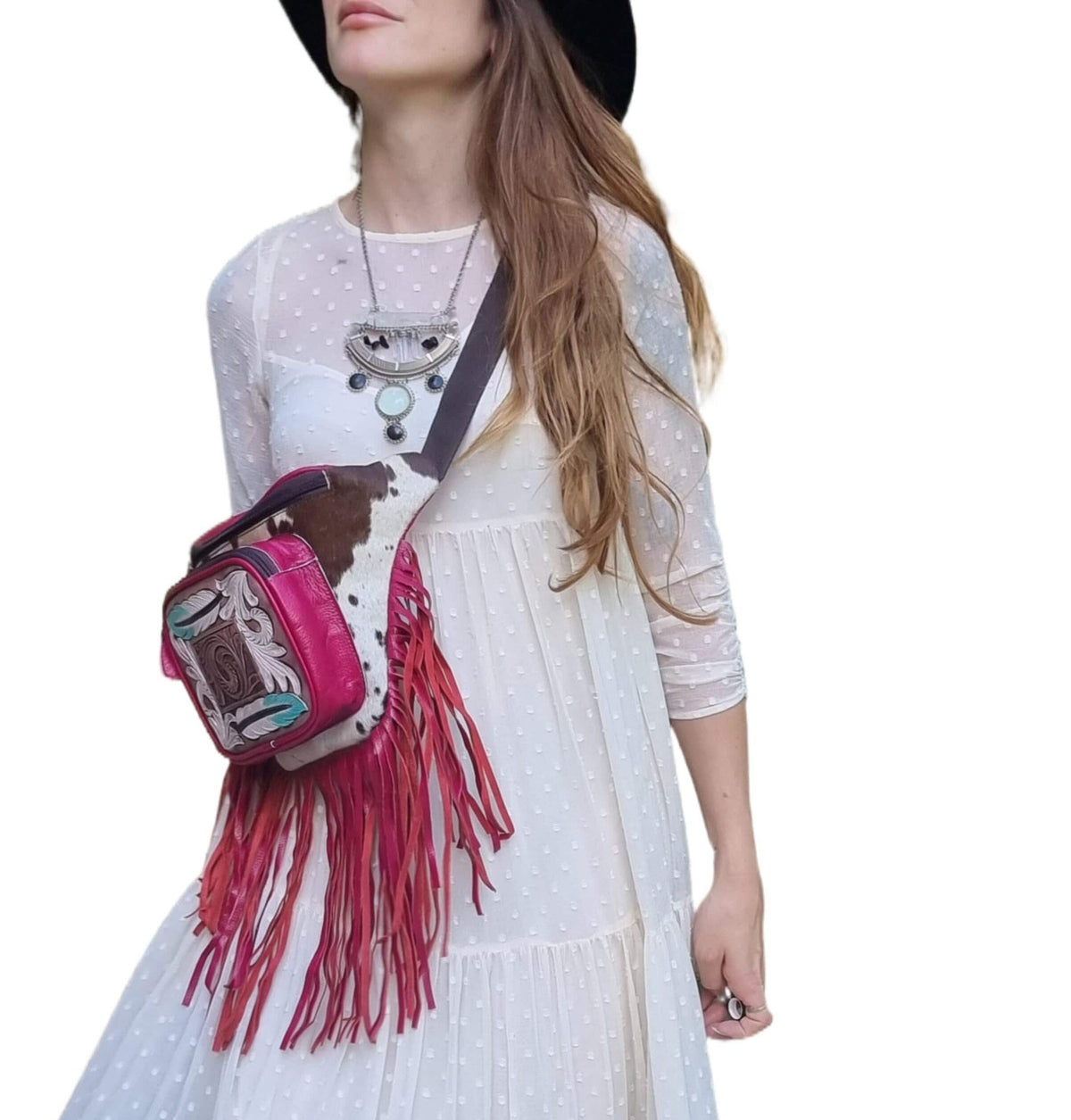 Hand Tooled Pink Leather Fanny Pack: Western Cowhide Fringe Bag