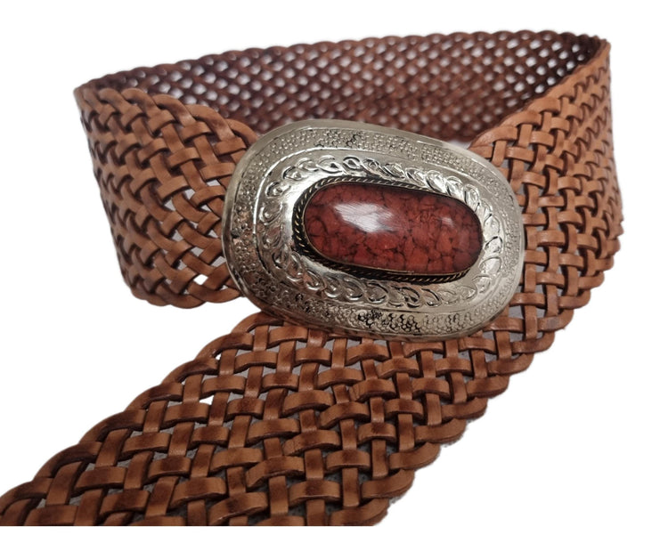 Wide Braided Leather Belt: Silver Western Buckle, Boho Style