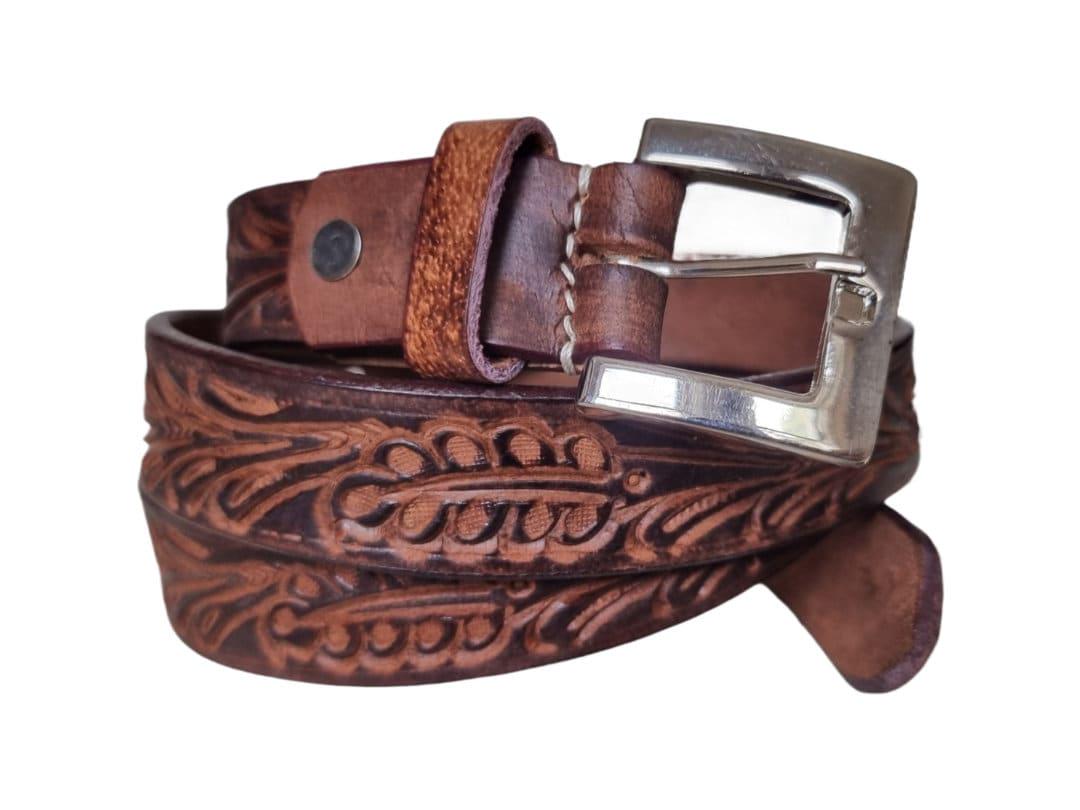 Hand Tooled Skinny Leather Belt | Western Women’s Belt | Dark Brown Boho Waist Belt | Handmade Cowgirl Fashion Accessory
