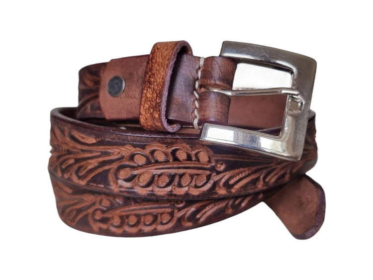 Hand Tooled Skinny Leather Belt | Western Women’s Belt | Dark Brown Boho Waist Belt | Handmade Cowgirl Fashion Accessory