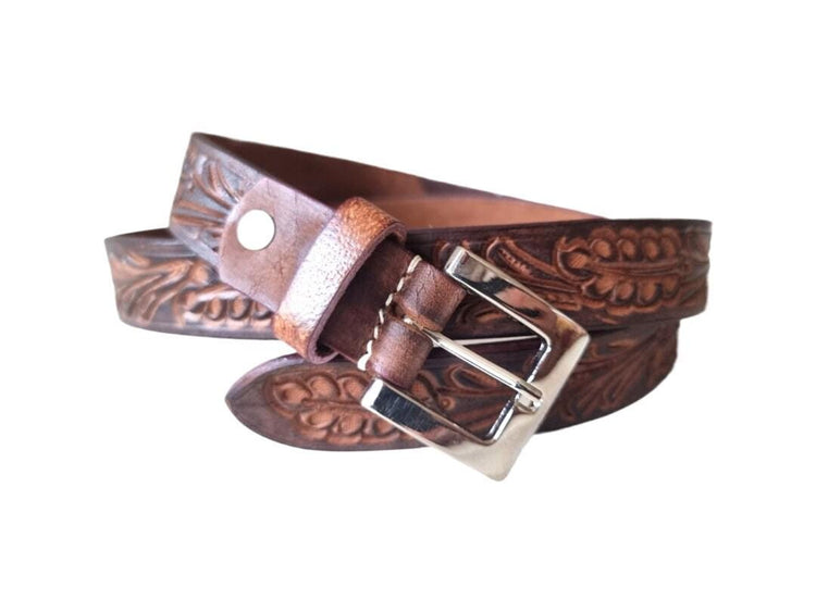 Hand Tooled Skinny Leather Belt | Western Women’s Belt | Dark Brown Boho Waist Belt | Handmade Cowgirl Fashion Accessory