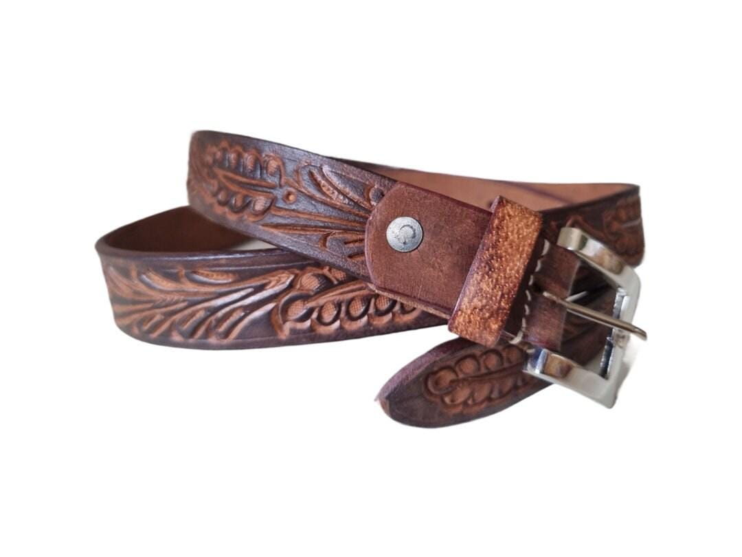 Hand Tooled Skinny Leather Belt | Western Women’s Belt | Dark Brown Boho Waist Belt | Handmade Cowgirl Fashion Accessory