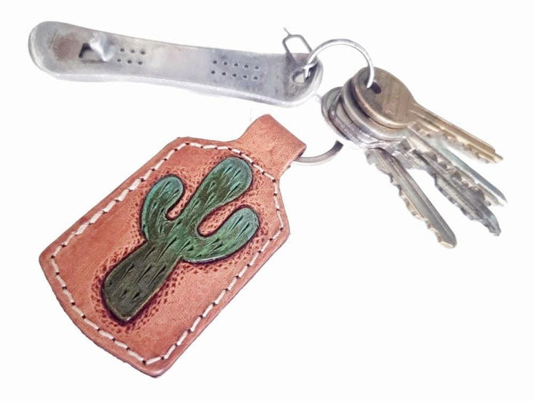 Hand Tooled Leather Cactus Keychain: Western Cowgirl Car Key Fob