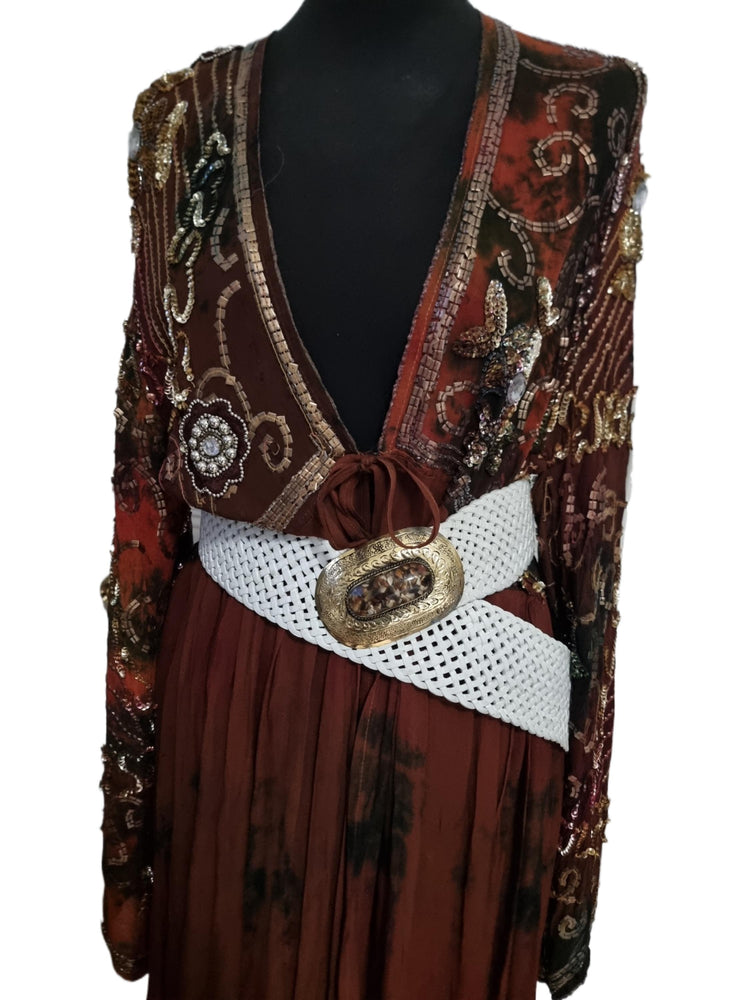 Handcrafted White Leather Boho Belt: Engraved Gold Western Buckle