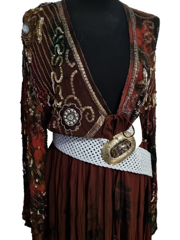 Handcrafted White Leather Boho Belt: Engraved Gold Western Buckle